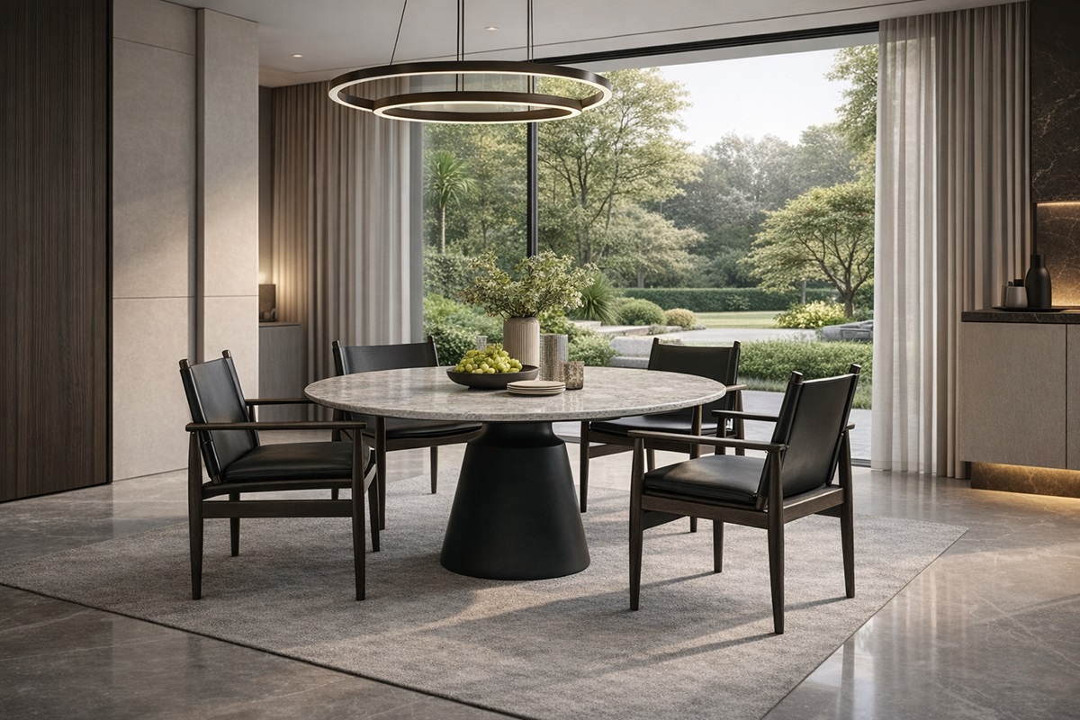 Bộ bàn ăn mặt đá ghế da sang trọng