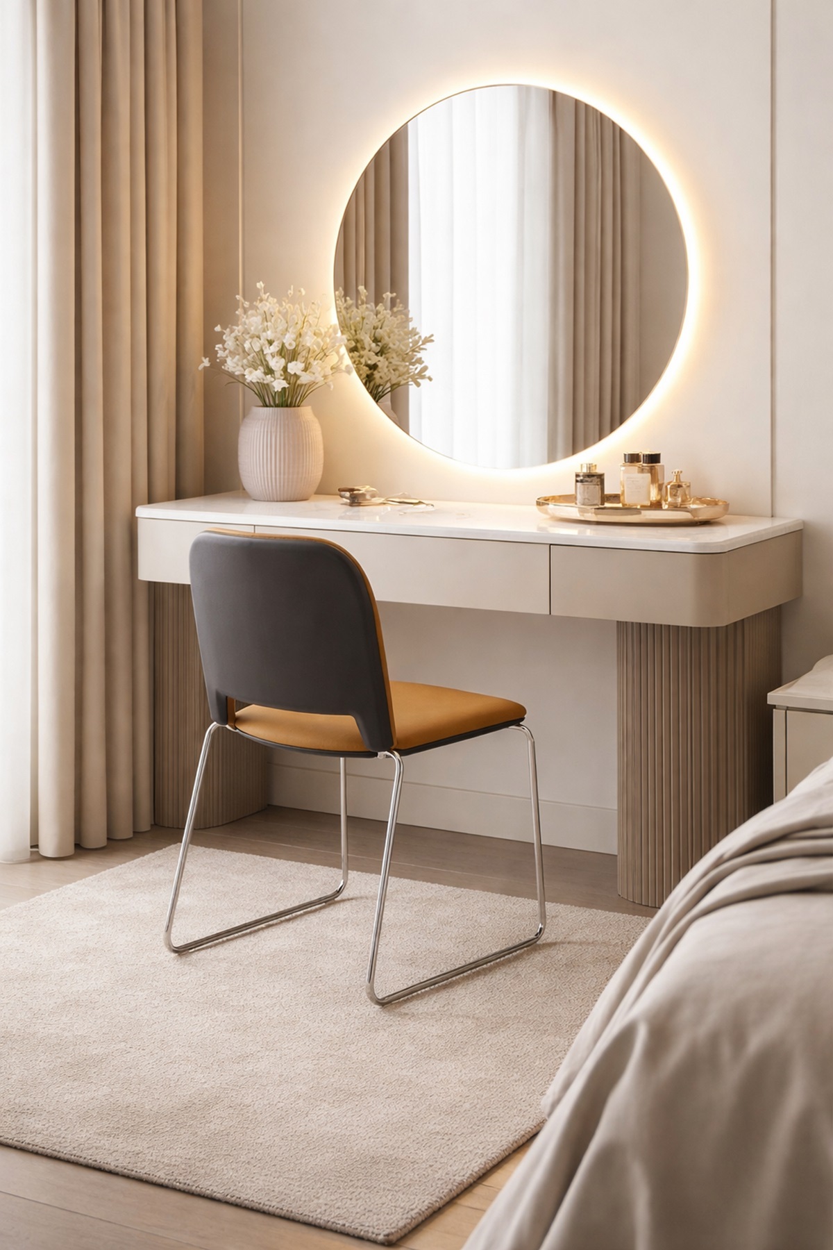 Ghế bàn trang điểm chân quỳ mặt nệm da sang trọng