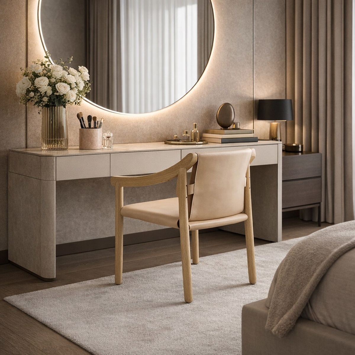 Ghế bàn trang điểm khung gỗ mặt da