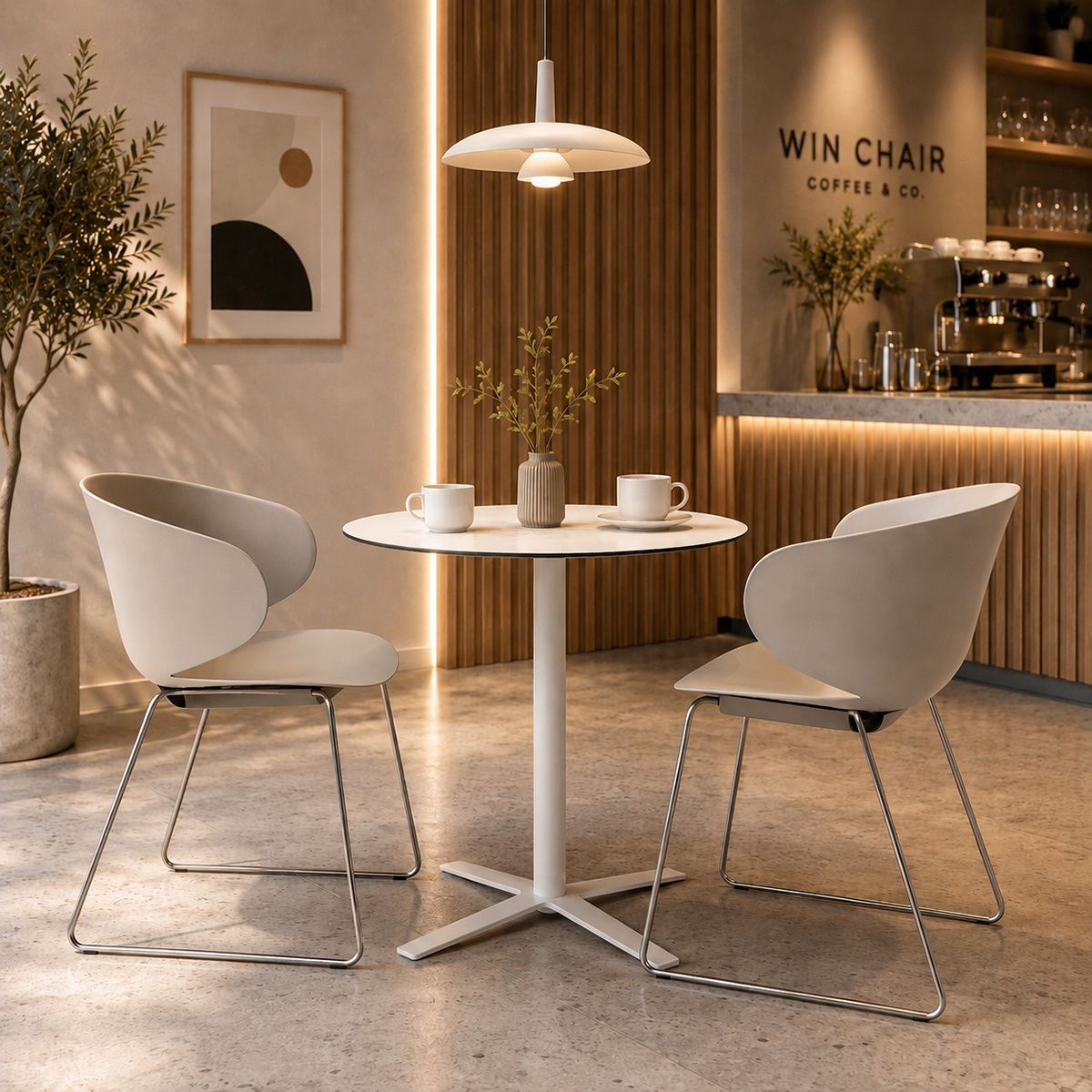 Bàn ghế cafe chân quỳ xếp chồng