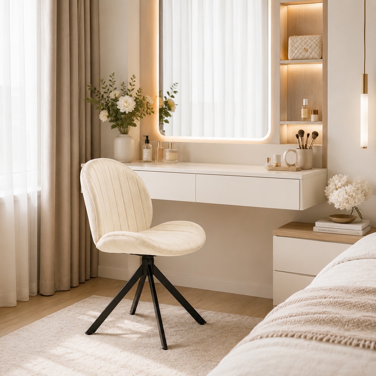Ghế bàn trang điểm nệm vải chân xoay