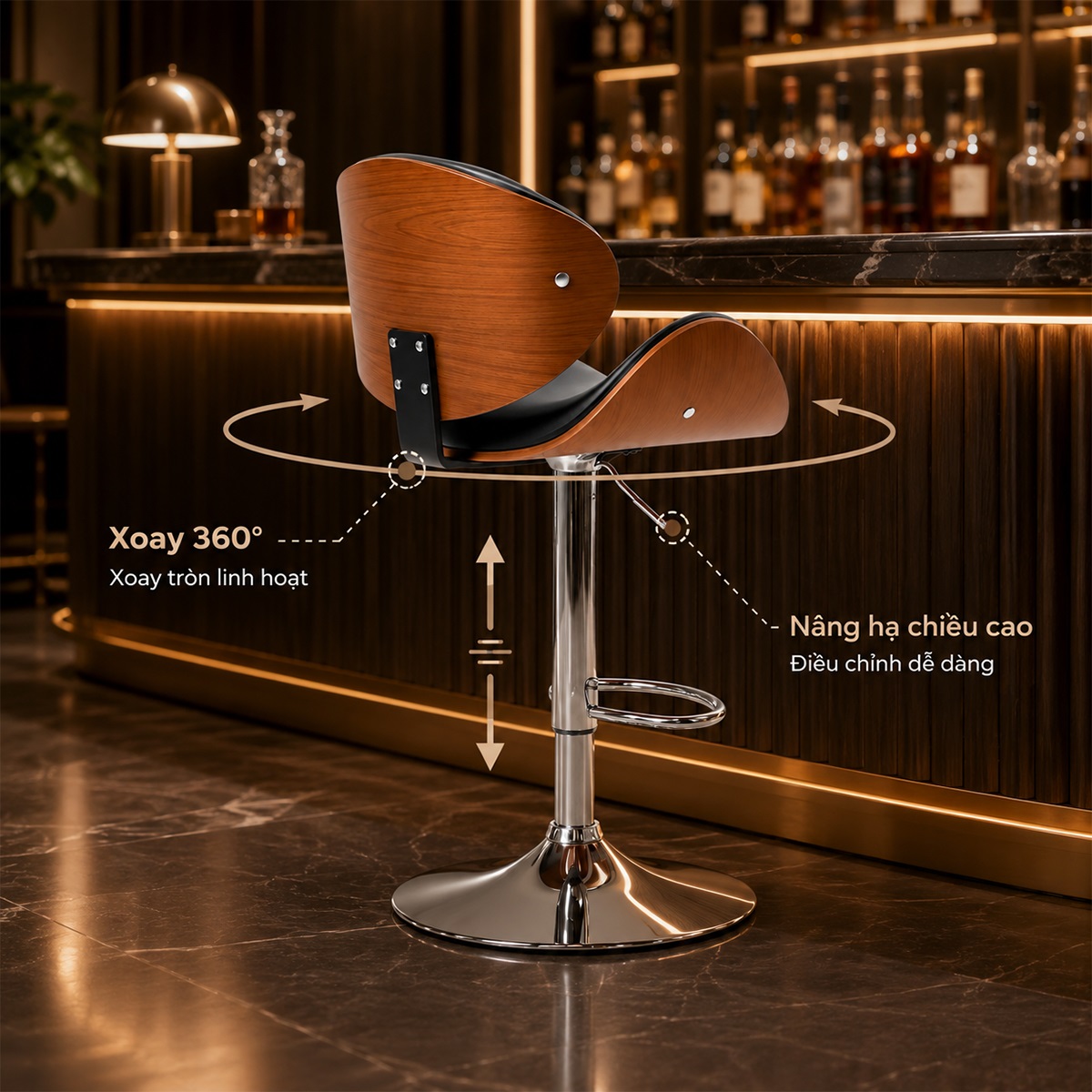 Cơ chế nâng hạ của ghế quầy bar chân xoay cao cấp.