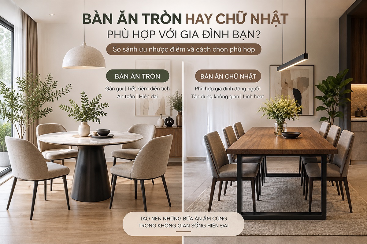 Bàn ăn tròn hay chữ nhật phù hợp với gia đình