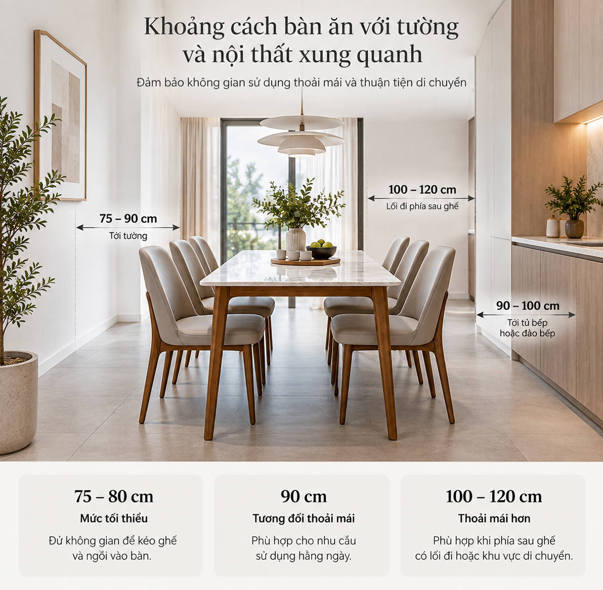 Khoảng cách bàn ăn với tường và nội thất xung quanh