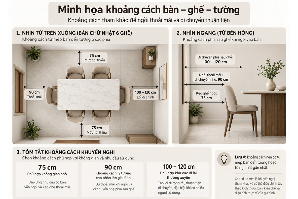 Khoảng cách từ bàn ăn đến tường bao nhiêu là hợp lý?