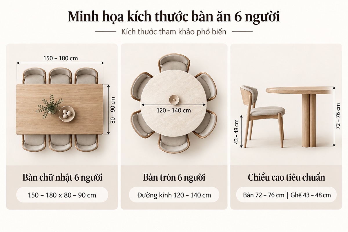 Kích thước bàn ăn 6 người