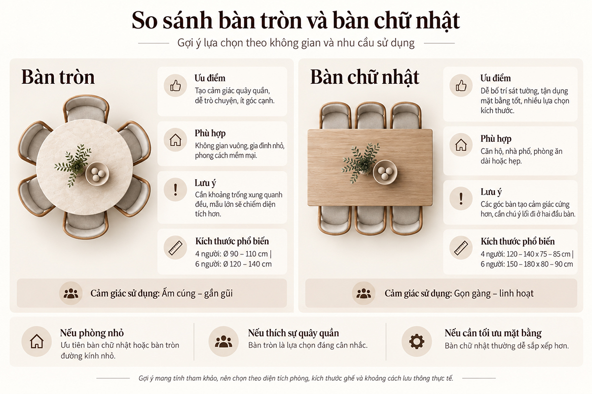 Nên chọn bàn ăn tròn hay bàn chữ nhật